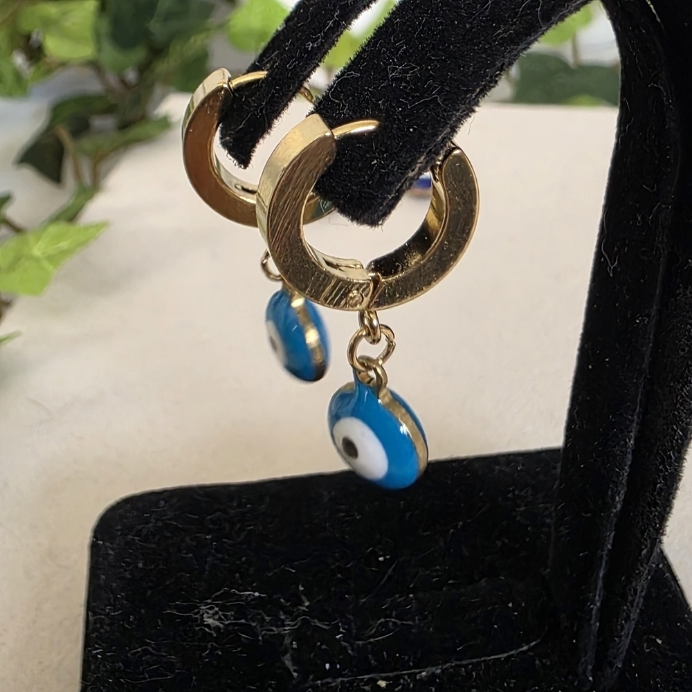 Gold Stainless Steel Huggie Hoop Earrings with Evil Eye Charm - Picture 10 of 17